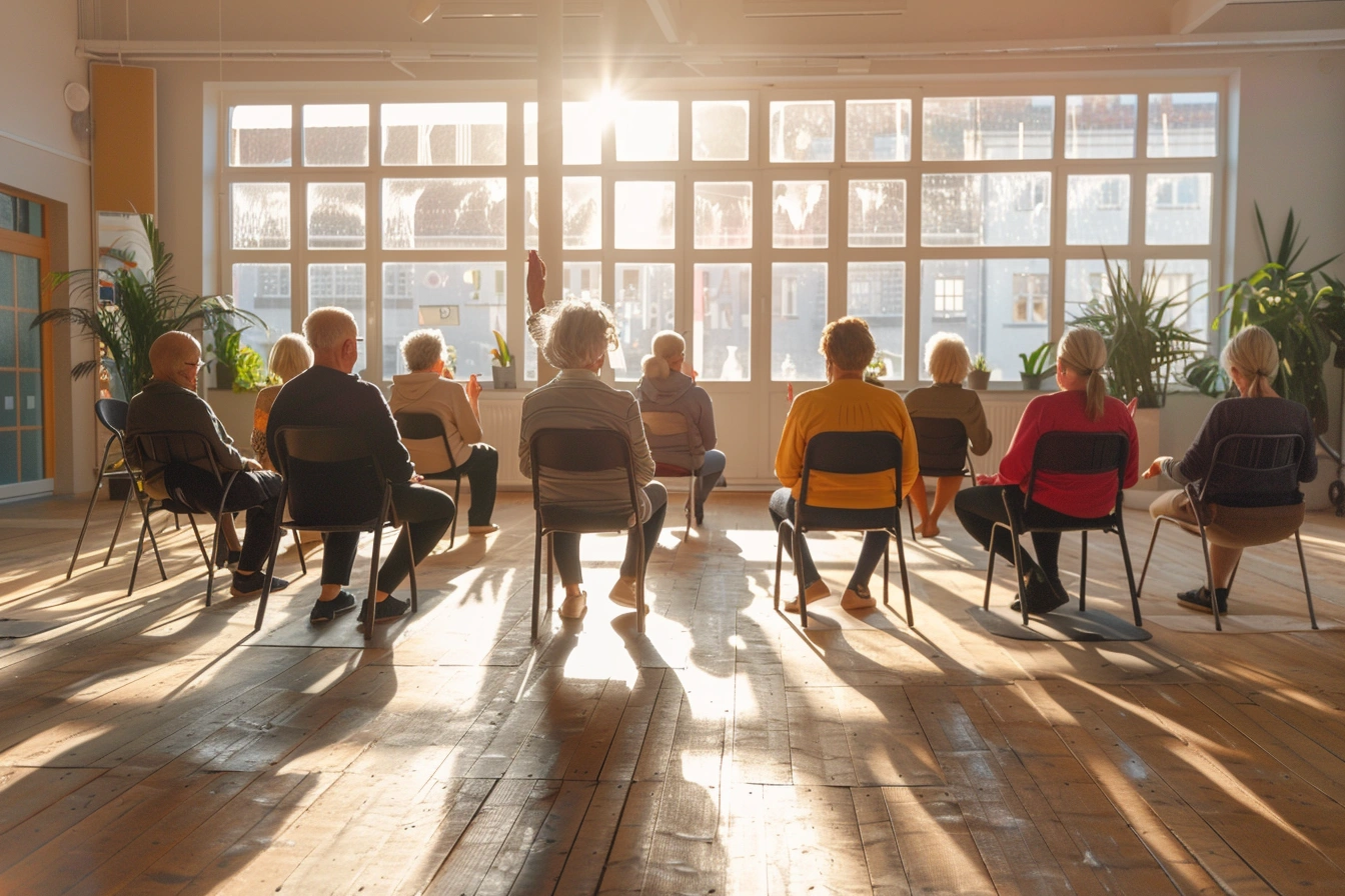 Йога на стільці – група старших людей виконує вправи сидячи