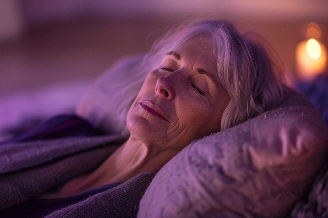 Йога-нідра – старша жінка в стані глибокої релаксації на килимку