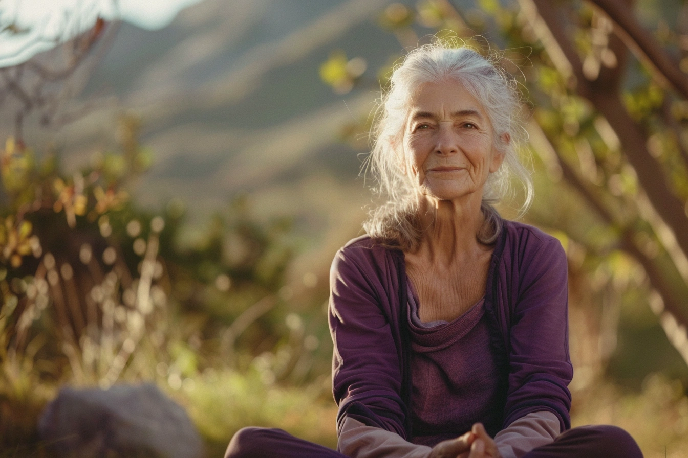 Старша жінка медитує в положенні лотоса на тлі природи